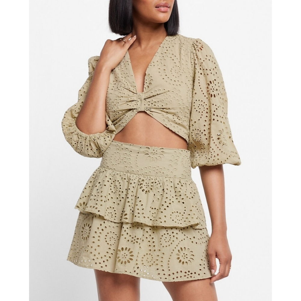 Express | High Waisted Eyelet Ruffle Mini Skirt and Puffed Sleeve Cropped Top